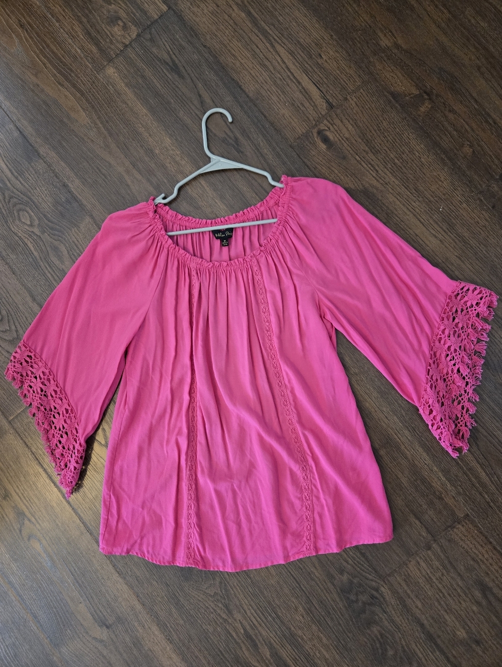 Melissa Paige Pink Crochet Hem Peasant Top Bell Sleeve Size M